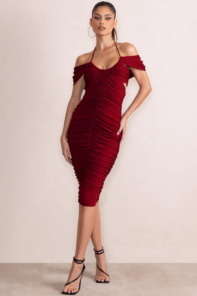 Dulcie | Burgundy Halter Neck Cut Out Ruched Midi Dress