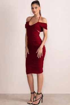 Dulcie | Burgundy Halter Neck Cut Out Ruched Midi Dress
