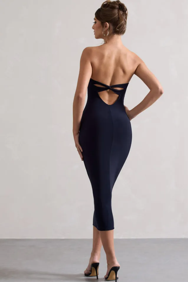 East End | Navy Strapless Gathered Midi Dress