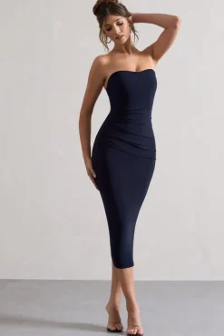 East End | Navy Strapless Gathered Midi Dress