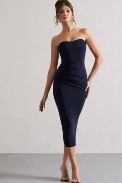 East End | Navy Strapless Gathered Midi Dress