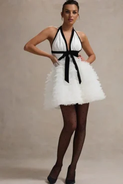 Eclair | Black u0026 White Plunge-Neck Mini Dress With Tulle Skirt