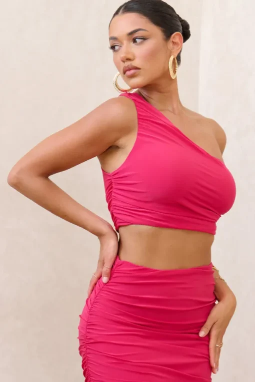 Eclipse | Hot Pink One Shoulder Ruched Crop Top