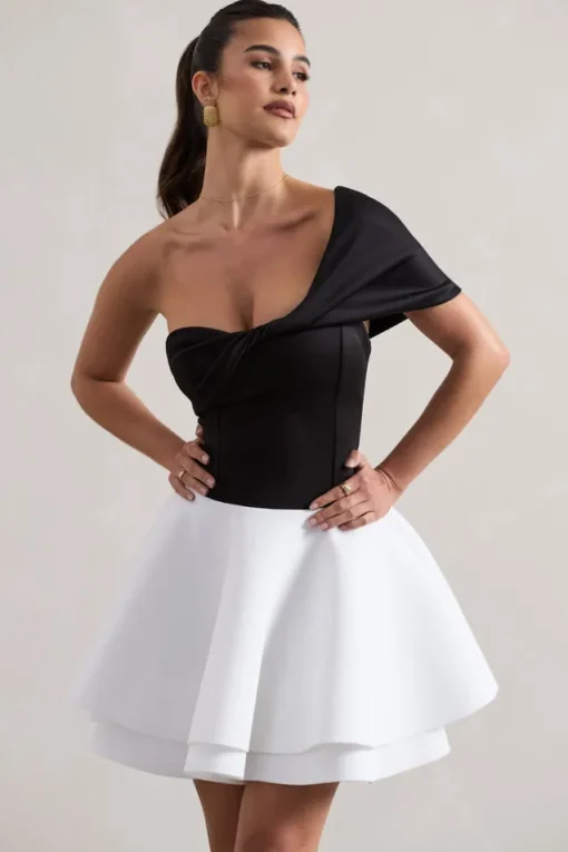 Effie | Black u0026 White Twisted Bardot Skater Mini Dress