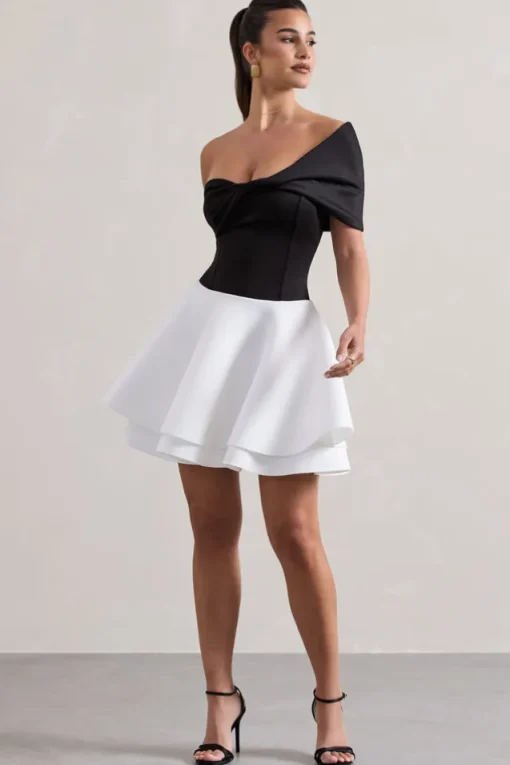 Effie | Black u0026 White Twisted Bardot Skater Mini Dress