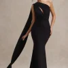 Elaina | Black Asymmetric Knot Maxi Dress With Sash