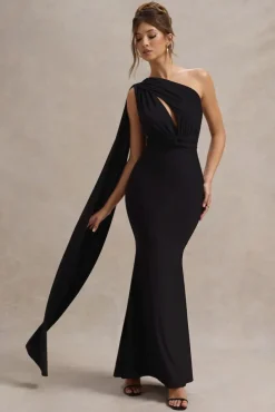 Elaina | Black Asymmetric Knot Maxi Dress With Sash