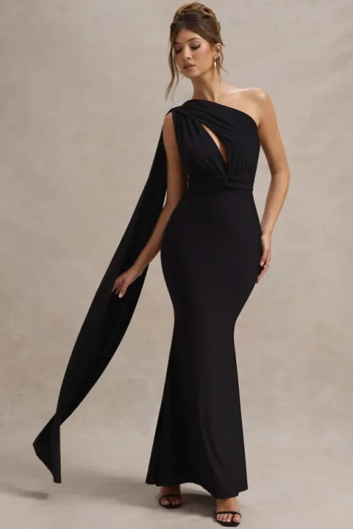 Elaina | Black Asymmetric Knot Maxi Dress With Sash
