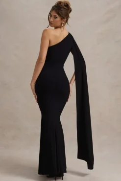 Elaina | Black Asymmetric Knot Maxi Dress With Sash