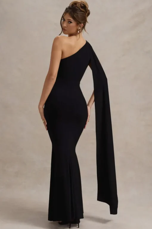 Elaina | Black Asymmetric Knot Maxi Dress With Sash