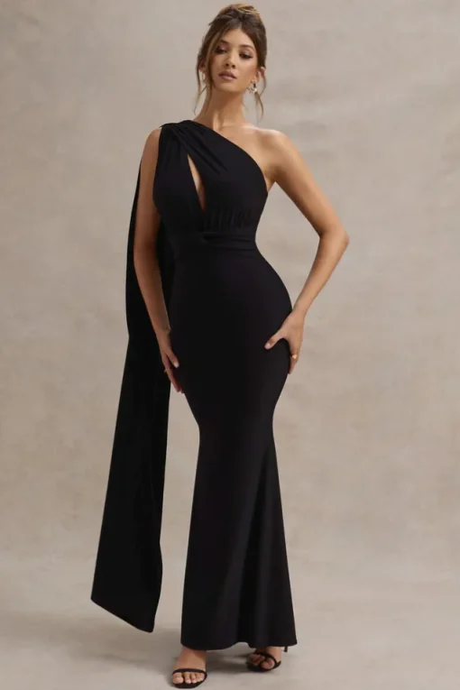 Elaina | Black Asymmetric Knot Maxi Dress With Sash
