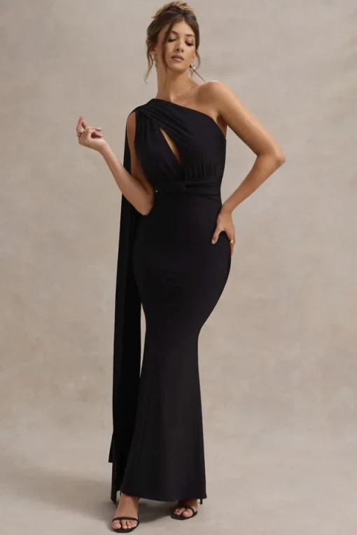 Elaina | Black Asymmetric Knot Maxi Dress With Sash