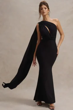 Elaina | Black Asymmetric Knot Maxi Dress With Sash