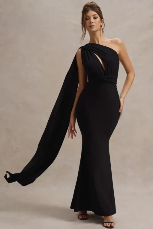 Elaina | Black Asymmetric Knot Maxi Dress With Sash