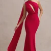 Elaina | Red Asymmetric Knot Maxi Dress With Sash