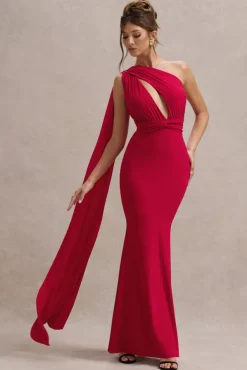 Elaina | Red Asymmetric Knot Maxi Dress With Sash