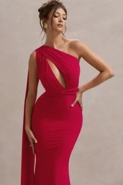 Elaina | Red Asymmetric Knot Maxi Dress With Sash