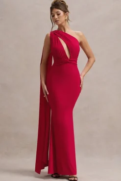 Elaina | Red Asymmetric Knot Maxi Dress With Sash