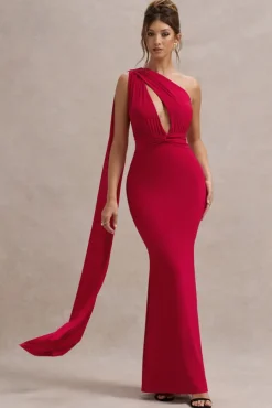 Elaina | Red Asymmetric Knot Maxi Dress With Sash