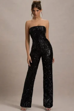 Elation | Black Sequin Strapless Flared-Leg Jumpsuit