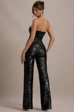 Elation | Black Sequin Strapless Flared-Leg Jumpsuit