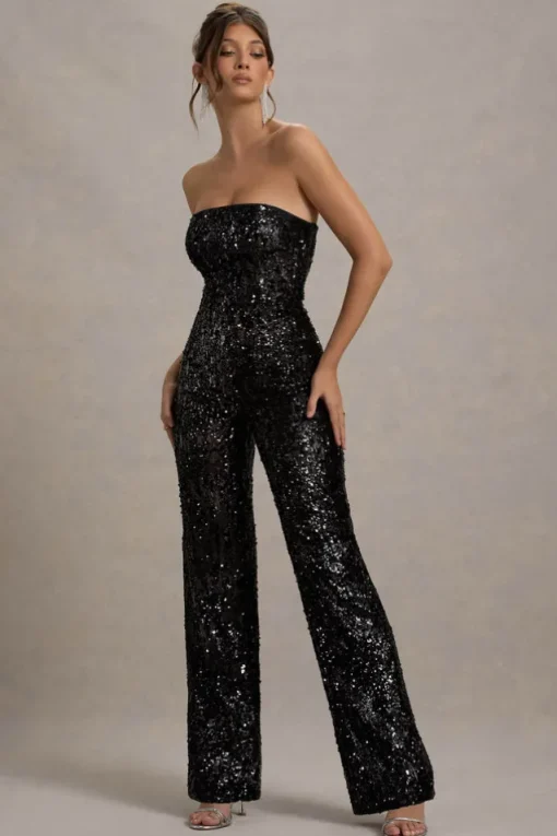 Elation | Black Sequin Strapless Flared-Leg Jumpsuit