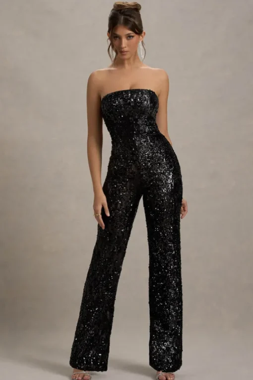 Elation | Black Sequin Strapless Flared-Leg Jumpsuit