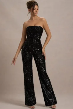 Elation | Black Sequin Strapless Flared-Leg Jumpsuit