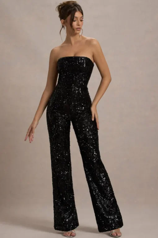 Elation | Black Sequin Strapless Flared-Leg Jumpsuit