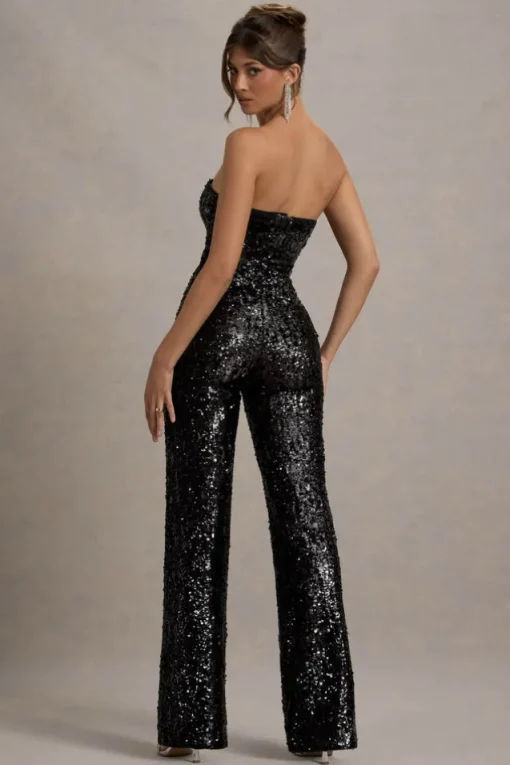 Elation | Black Sequin Strapless Flared-Leg Jumpsuit