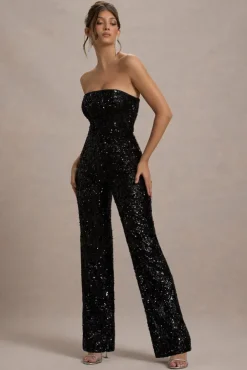 Elation | Black Sequin Strapless Flared-Leg Jumpsuit