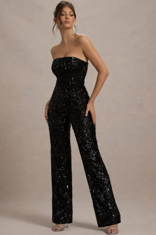 Elation | Black Sequin Strapless Flared-Leg Jumpsuit