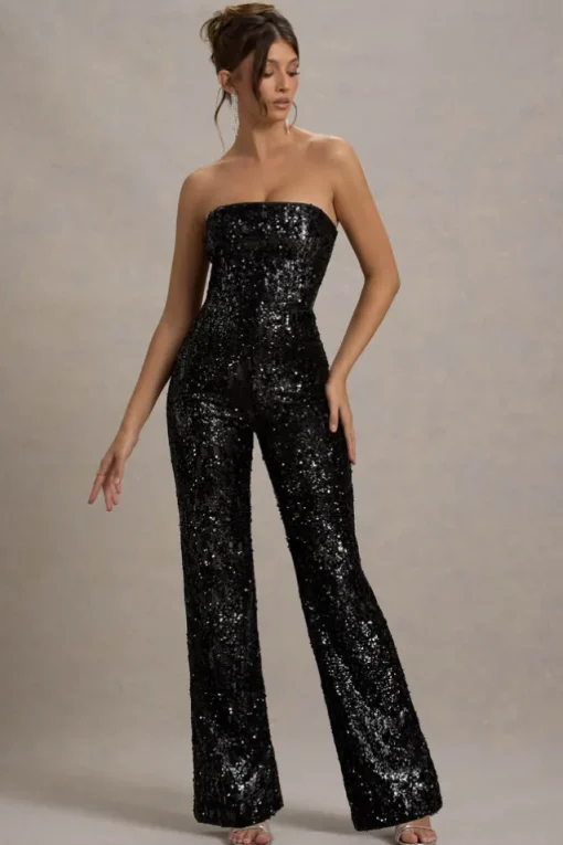 Elation | Black Sequin Strapless Flared-Leg Jumpsuit