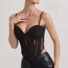 Electra | Black Mesh Panelled Strappy Corset Top