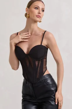 Electra | Black Mesh Panelled Strappy Corset Top