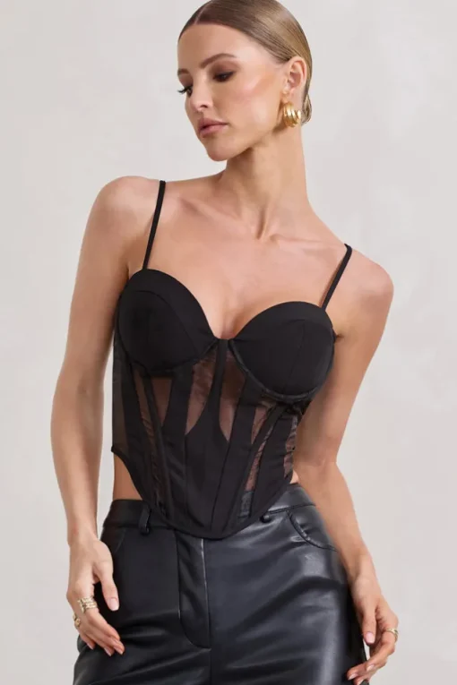Electra | Black Mesh Panelled Strappy Corset Top