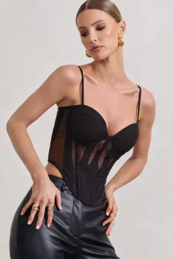 Electra | Black Mesh Panelled Strappy Corset Top