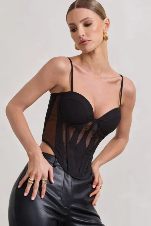 Electra | Black Mesh Panelled Strappy Corset Top