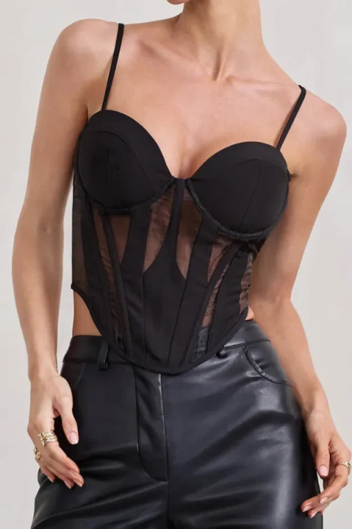 Electra | Black Mesh Panelled Strappy Corset Top