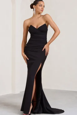 Elene | Black Pleated Split Fishtail Maxi Dress