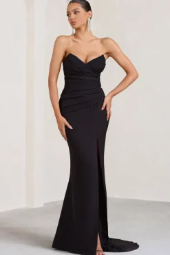 Elene | Black Pleated Split Fishtail Maxi Dress