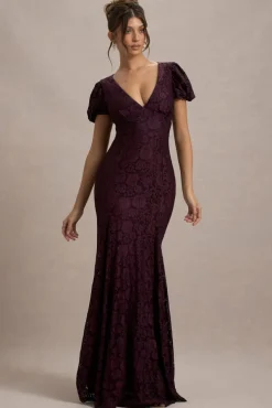 Elestria | Port Lace V-Neck Puff-Sleeve Maxi Dress