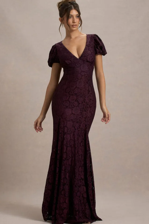 Elestria | Port Lace V-Neck Puff-Sleeve Maxi Dress