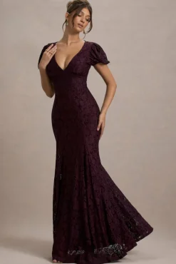 Elestria | Port Lace V-Neck Puff-Sleeve Maxi Dress