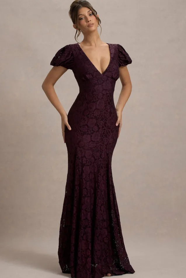Elestria | Port Lace V-Neck Puff-Sleeve Maxi Dress