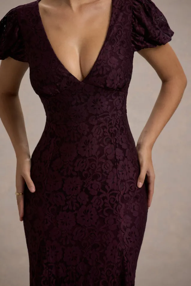 Elestria | Port Lace V-Neck Puff-Sleeve Maxi Dress