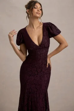 Elestria | Port Lace V-Neck Puff-Sleeve Maxi Dress