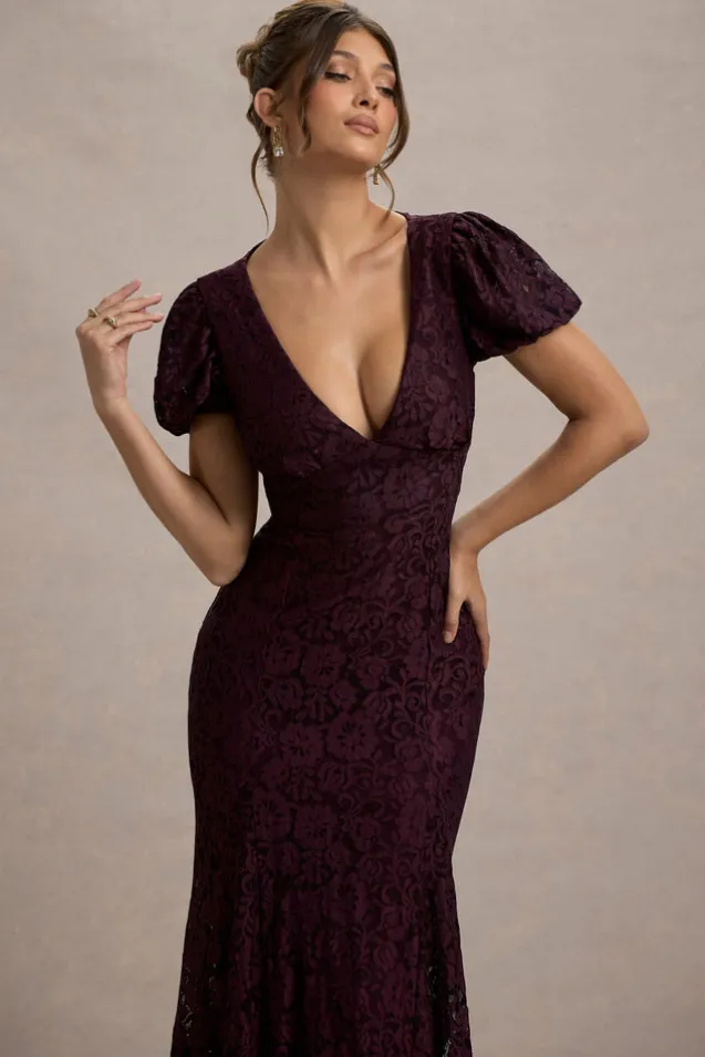 Elestria | Port Lace V-Neck Puff-Sleeve Maxi Dress