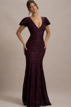 Elestria | Port Lace V-Neck Puff-Sleeve Maxi Dress