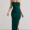 Eletta | Bottle Green Ruched Bandeau Asymmetric Maxi Dress